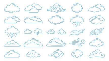 Fototapeta premium Set of cartoon clouds, wind, and lightning icons. Weather symbols for design.
