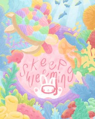 Naklejka premium Cute Bunny Diver Swimming Among Colorful Coral Reef with Keep Swimming Quote Illustration