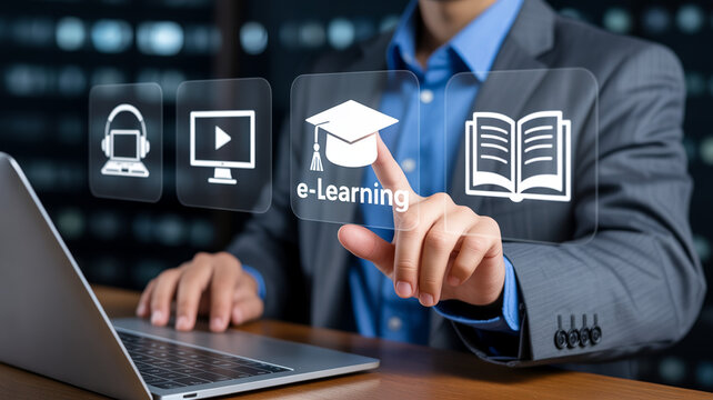 Businessman engaging with e learning icons on a laptop