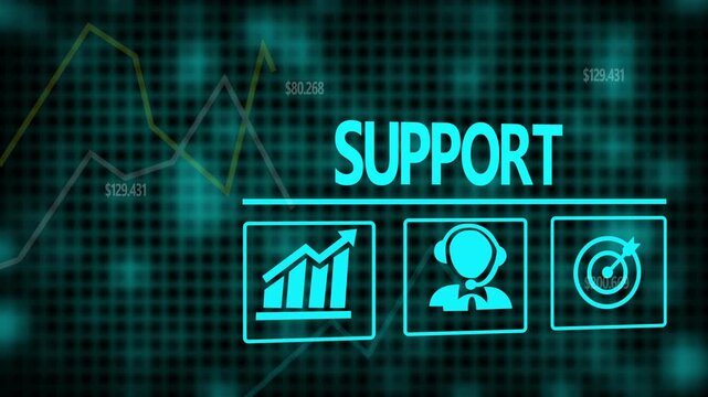 Support business concept on a flashing computer monitor with moving graphs and data.