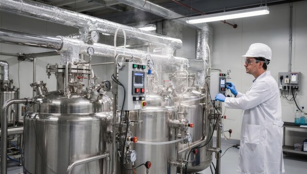 Medium shot of pilot scale azo dye synthesis setup capturing the transition phase from lab to production with advanced monitoring equipment and operator adjustments.