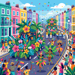 Obraz premium Vibrant street parade with people in colorful costumes celebrating and dancing amidst tropical flowers and confetti