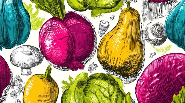 Vibrant, richly colored farm harvest produce pattern rendered in a detailed engraving style
