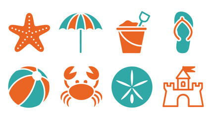 Obraz premium Colorful summer beach and ocean icon collection featuring starfish umbrella sand bucket flip flop beach ball crab and sand dollar elements for tropical vacation vector illustration design