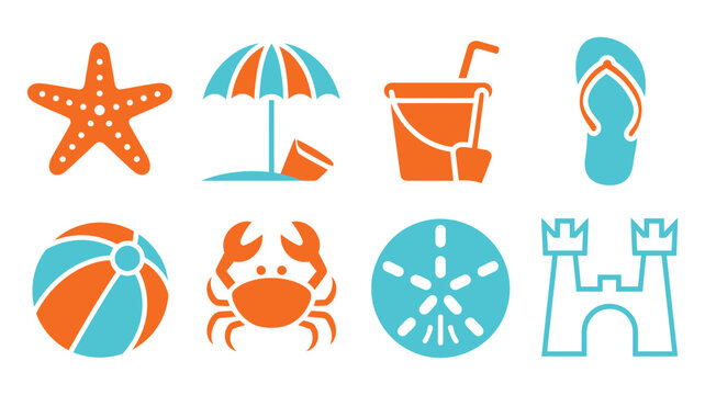 Colorful summer beach and ocean themed icon set featuring starfish, umbrella, sand bucket, flip flop, beach ball, crab, and sand dollar elements in flat vector illustration design