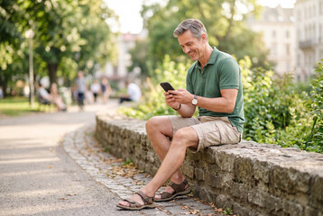 Obraz premium Middle aged man smiling while using phone outdoors in park