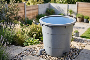 Fototapeta premium Grey plastic rainwater butt in a lush green garden setting