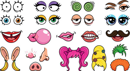 Funny Cartoon Character Face Constructor Kit with Cute Eyes Mouths Lips Hair Nose and Ears Vector Element Set for Photo Booth Props and Avatars © Masud