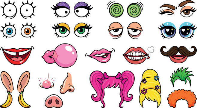 Funny Cartoon Character Face Constructor Kit with Cute Eyes Mouths Lips Hair Nose and Ears Vector Element Set for Photo Booth Props and Avatars