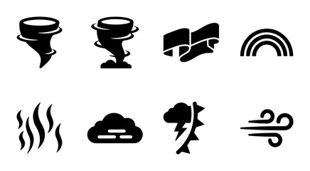 Naklejka premium Weather Icons Set: Tornado, Storm, Rainbow, Wind, Fire, Cloud, Lightning, Banner Graphics