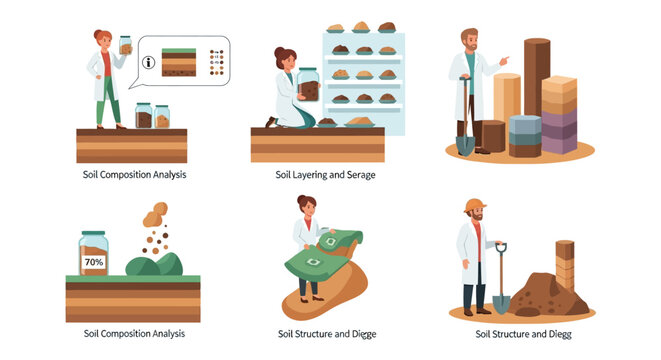 Soil Testing Icons, Geology and Analysis Vector Graphics, 6 Soil Science Illustrations