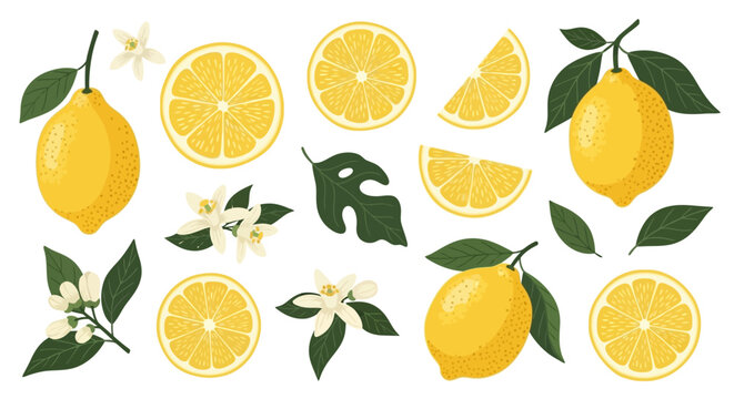 Lemon icons, citrus fruit set, yellow slices, leaves, flowers, vector graphics