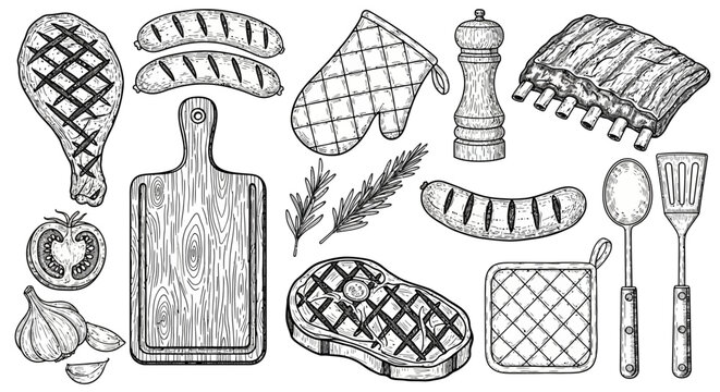 Grilled Meat Icons, Barbecue Elements, Vector Illustrations, Black and White Food Graphics