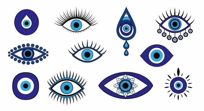 Evil eye icons, blue eye symbols, nazar vector set, eye protection graphics