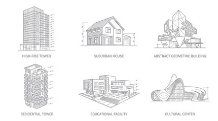 Fototapeta premium Architectural Sketches: Modern Buildings, Houses, and Abstract Designs