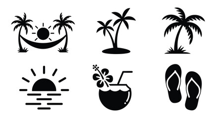 Tropical vacation vector icon set with palm trees, beach accessories, sun holiday elements, and summer travel symbols for tourism and leisure themed illustration design © Elizabeth Profit