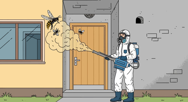 Pest control, extermination, disinfection, vector illustration, hazmat suit, insecticide spray