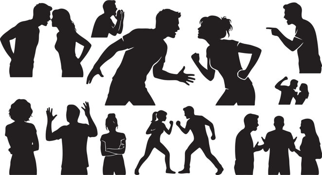 People in conflict and relationship argument solid black silhouettes icons set isolated on white background