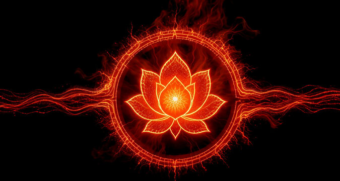 Contemporary Spiritual Art, Symmetrical Design, 9-Petal Lotus, Muladhara Elemental Symbol, Fiery Energy Flow