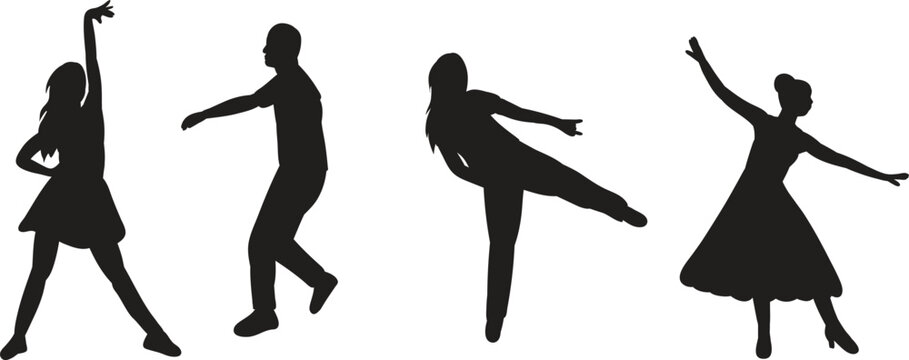 People dancing contemporary jazz and gracefully moving black silhouette vector set isolated on white background
