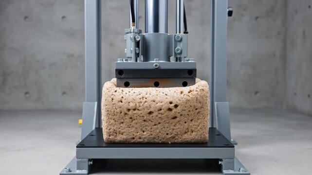 Hydraulic press machine compressing a porous foam block in a laboratory test.
