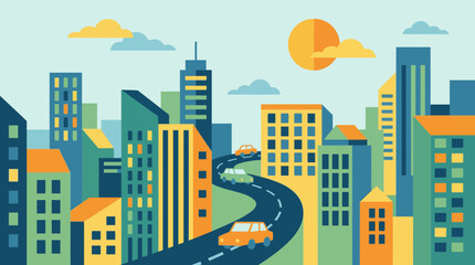 Obraz premium Vibrant urban scene featuring modern buildings, a curving road, and warm sunset colors in vector art