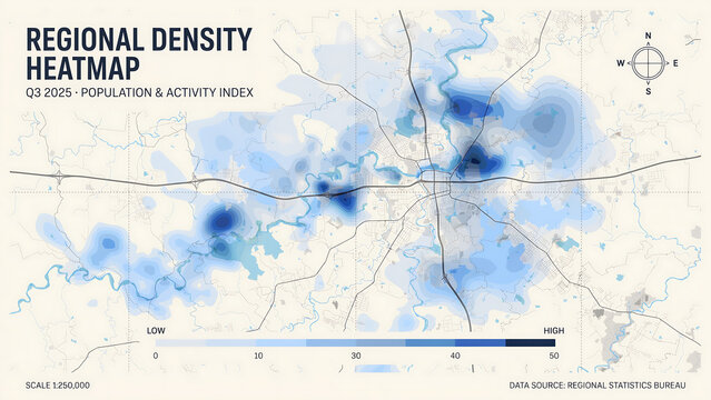 Regional density heatmap illustration depicting population and activity index for q3 2025 with a blue gradient map graphic design data