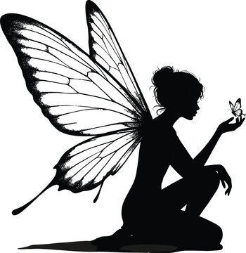Beautiful fairy silhouette sitting with butterfly, magical wings fantasy art design, elegant mystical character illustration for tattoo and decoration