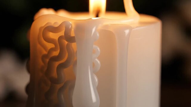Close up of melting white wax on burning candle.