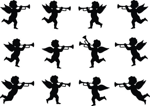 Cupid angel silhouettes playing trumpet, romantic love cherub decoration, Valentine&rsquo;s day symbol, wedding design element, flying baby angel fantasy illustration