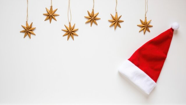 A festive winter wall art arrangement featuring star garlands and a santa hat.