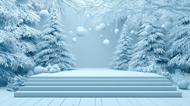 Snow covered forest scene features a prominent empty stage or platform surrounded by frosted evergreen trees and hanging spherical decorations
