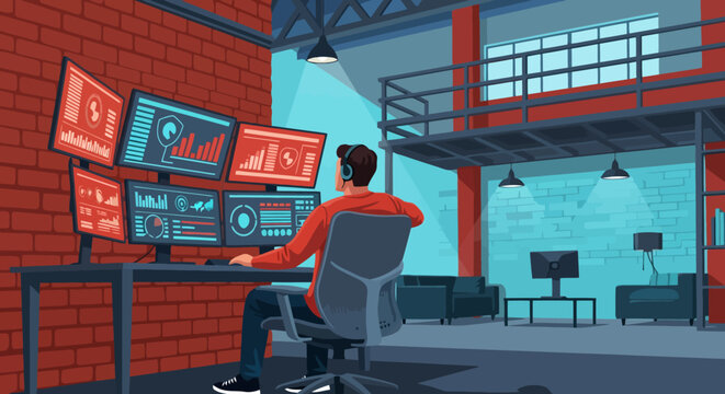Man working on multiple computer monitors in a modern office setting.