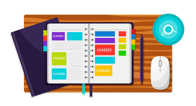 Open planner with colorful tabs and class schedule on a wooden desk.