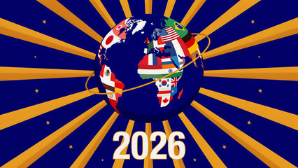 Fototapeta premium Globe featuring national flags with radiating lines and the year 2026 vector illustration world earth countries political geography graphic design