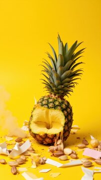 Fresh pineapple slice on yellow backdrop with confetti sprinkles.