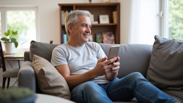 Smiling man relaxing on couch with smartphone in hand.
