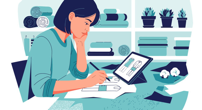 Young woman artist focused on digital drawing tablet and sketchbook.