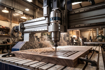 Naklejka premium CNC router carving intricate patterns into wood in manufacturing factory