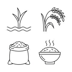 Obraz premium Minimalist rice production line icon set with agricultural paddy, canal gate, food bowl, and grains.