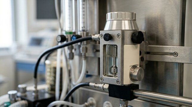 Volatile Anesthetic Agent Vaporizer on Anesthesia Machine &mdash; Perioperative Anesthesiology Commercial Medical Stock Photo