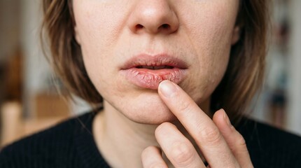 Fototapeta premium Close-up of Dry, Chapped Lips with Finger