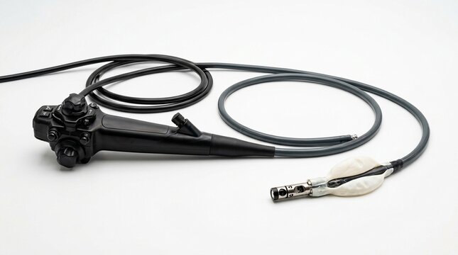 Double Balloon Enteroscopy Scope on White Background &mdash; Small Bowel GI Endoscopy Medical Device Stock Photo