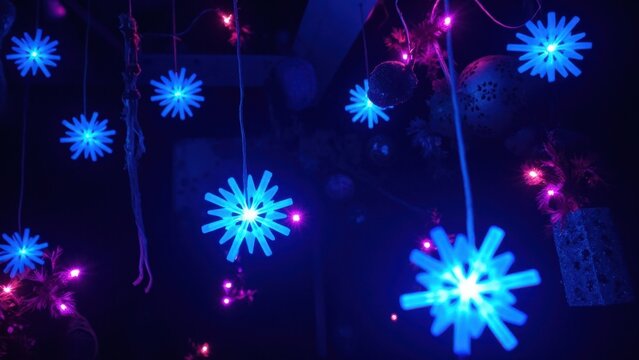 Decoration with blue, red and purple snowflake ornaments hanging from strings.