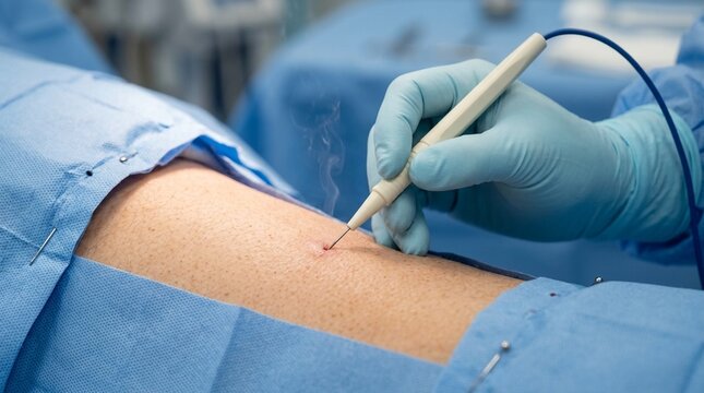 Electrocautery Pencil on Skin Surface Surgical Close-Up No Face &mdash; Operating Room Hemostasis Commercial Stock Photo