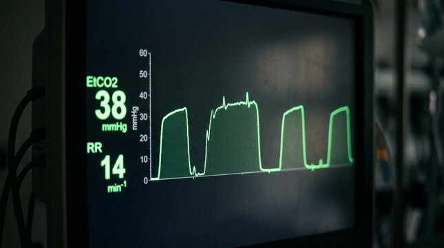 End-Tidal CO2 Capnography Waveform Monitor Close-Up &mdash; Anesthesia Ventilation Monitoring Commercial Medical Stock Photo