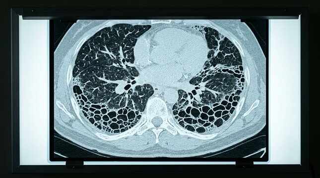 High-Resolution CT HRCT Lung Honeycomb Pattern Lightbox &mdash; Pulmonary Fibrosis Radiology Stock Photo