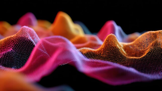 Vibrant, undulating three dimensional surface composed of numerous luminous particles against a dark background