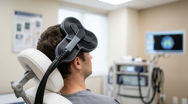 Transcranial Magnetic Stimulation TMS Coil on Head No Face &mdash; Neurology Psychiatry Treatment Commercial Stock Photo