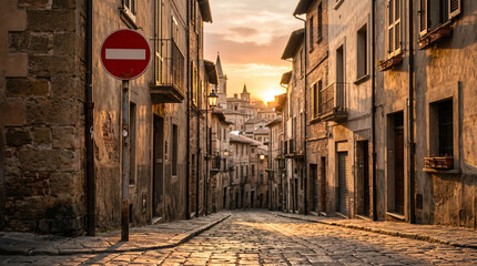 A single No Entry sign at the entrance of a narrow urban street, golden hour lighting, long shadows. © Muhammad